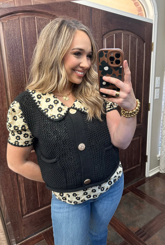 Black Knit Gold Button Top