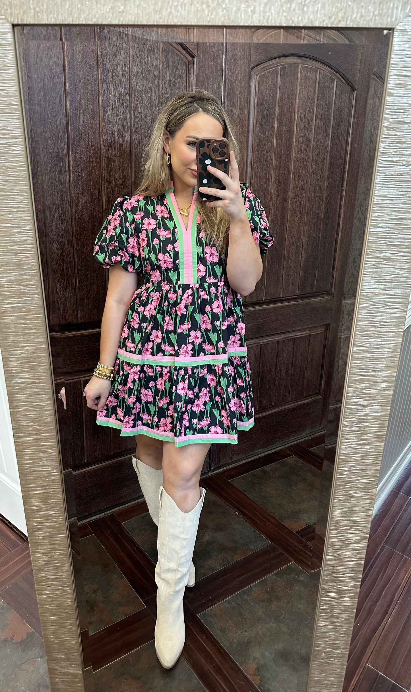 Black Green And Pink Printed Tiered Dress