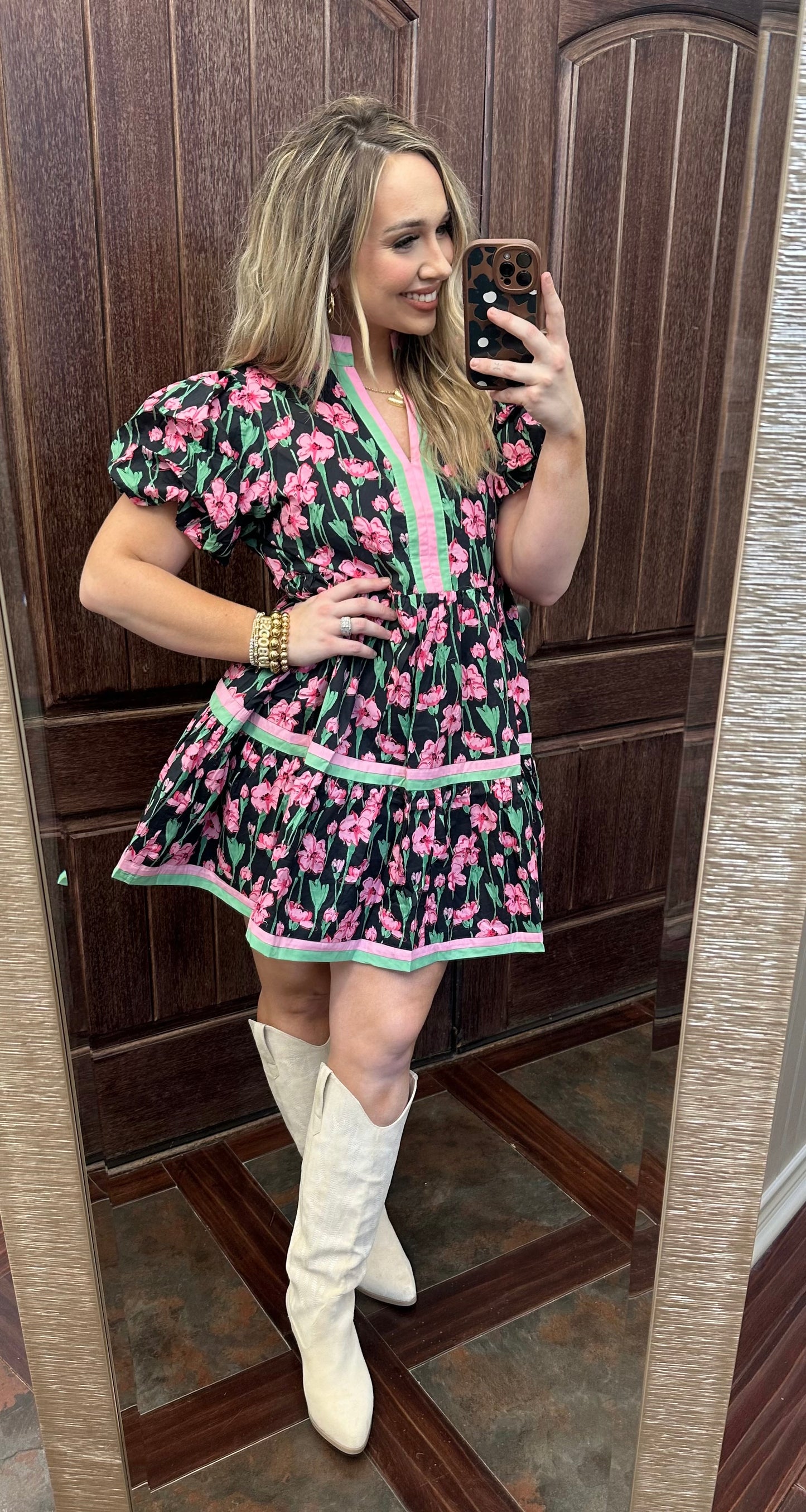 Black Green And Pink Printed Tiered Dress