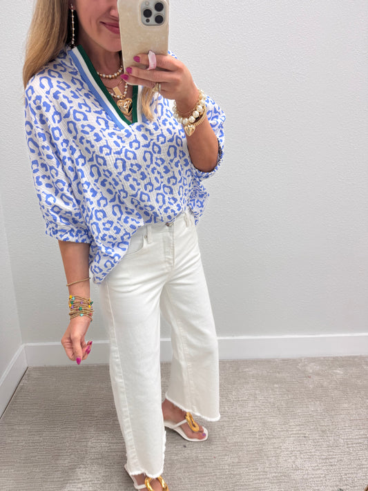 Blue Leopard Gauze Dolman Sleeve Top
