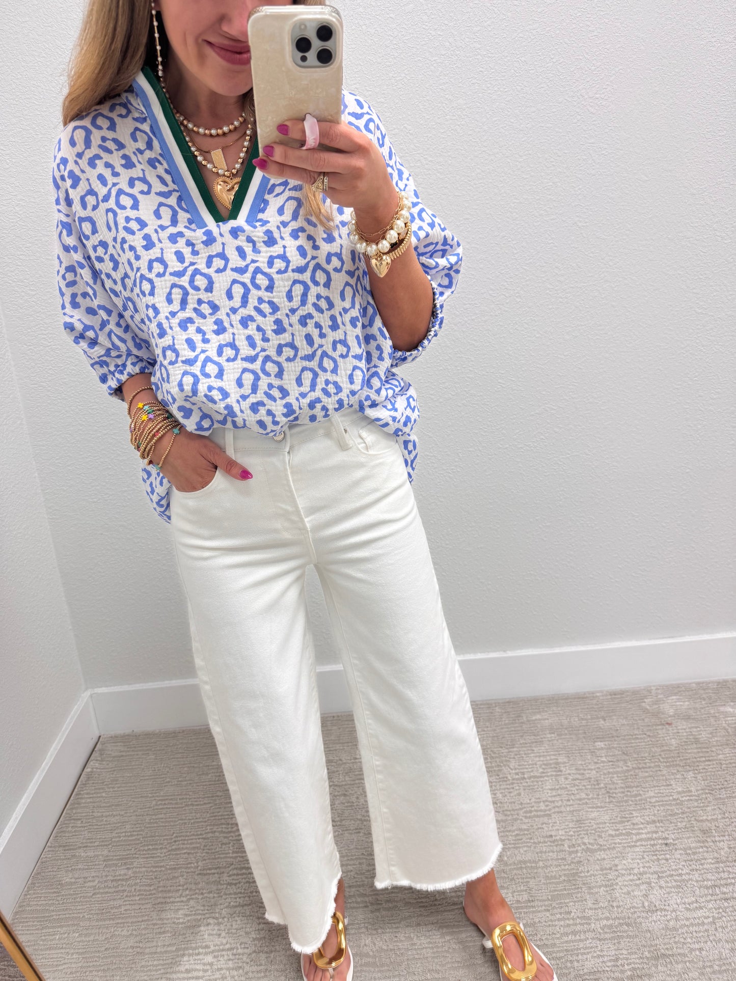 Blue Leopard Gauze Dolman Sleeve Top