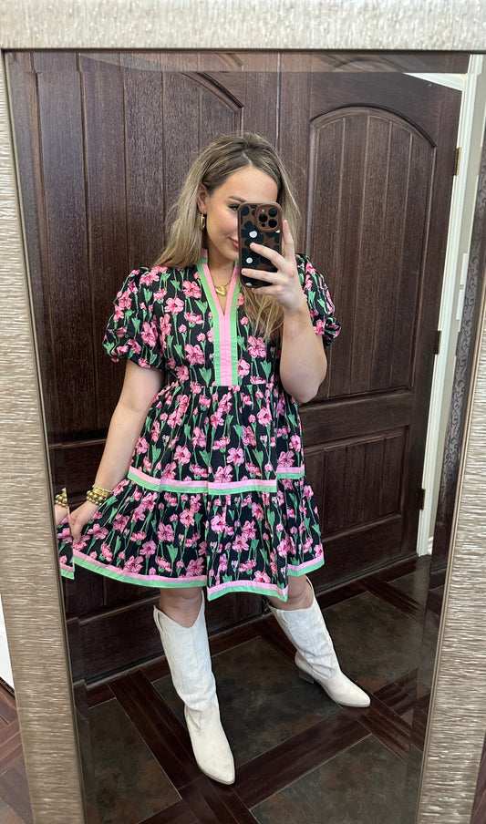 Black Green And Pink Printed Tiered Dress