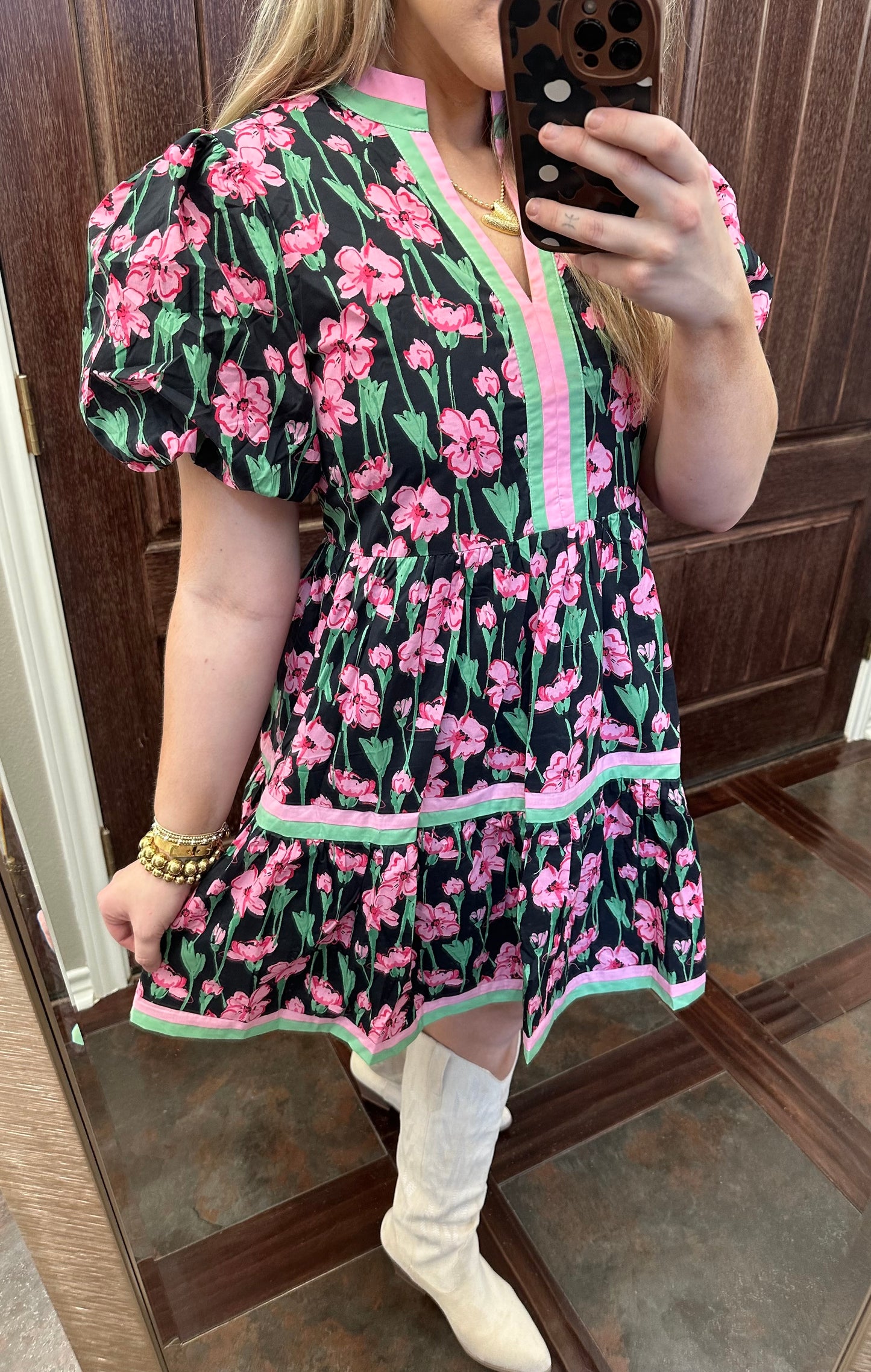 Black Green And Pink Printed Tiered Dress