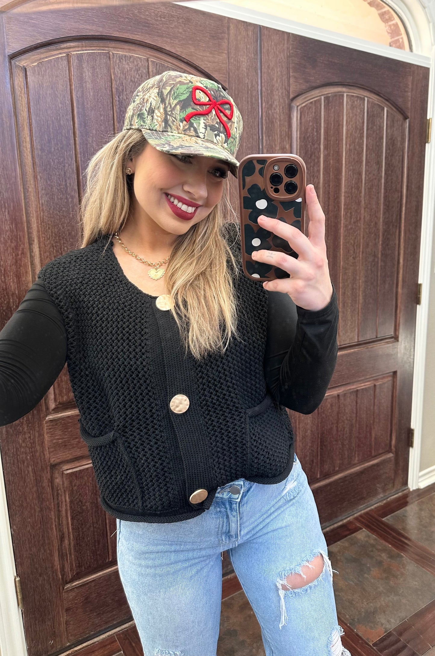 Black Knit Gold Button Top