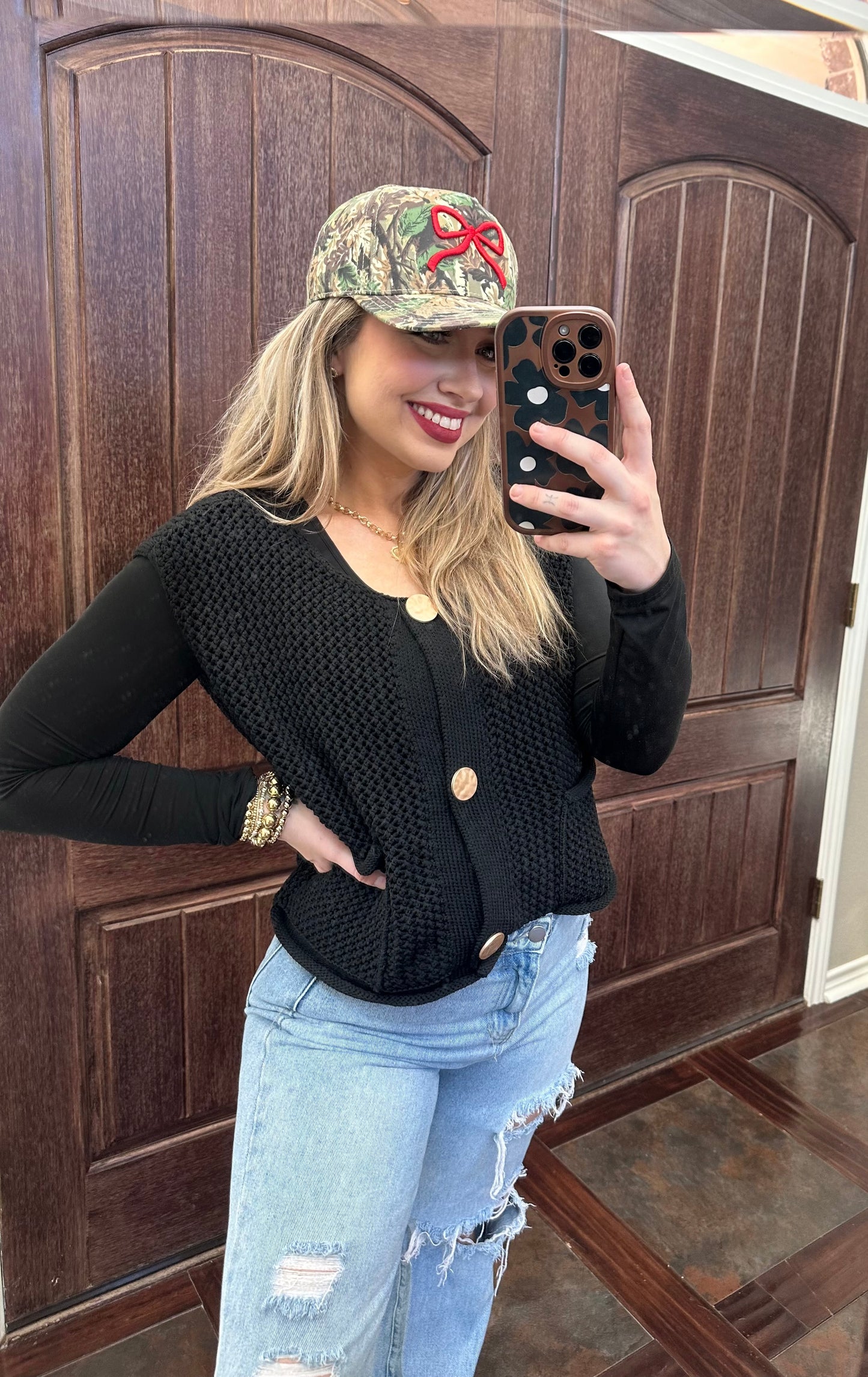 Black Knit Gold Button Top