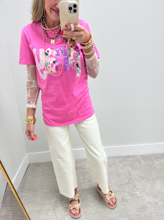 Dark Pink Hand Stitched Floral Pray Short Sleeve