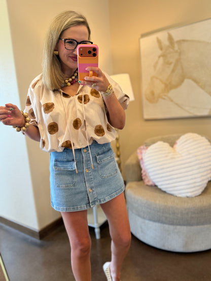 Ecru Brown Polka Dot Bubble Top