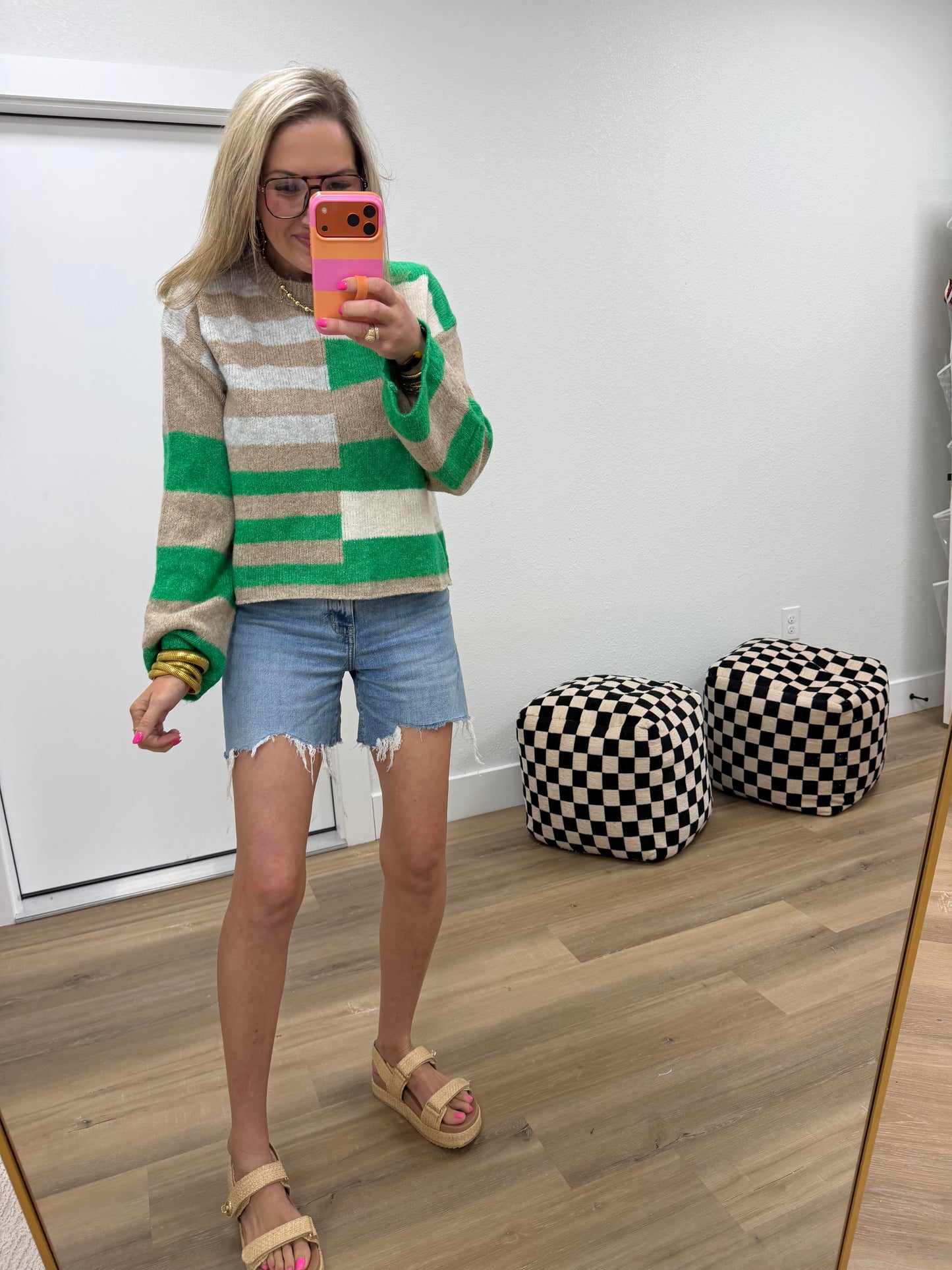 Green Lightweight Blend Color Block Sweater