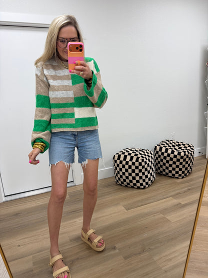 Green Lightweight Blend Color Block Sweater