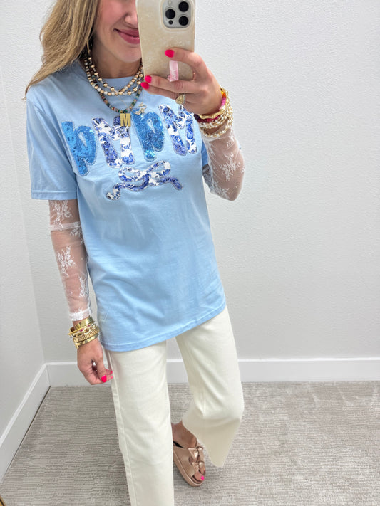 Light Blue Hand Stitched Mama Bow Short Sleeve
