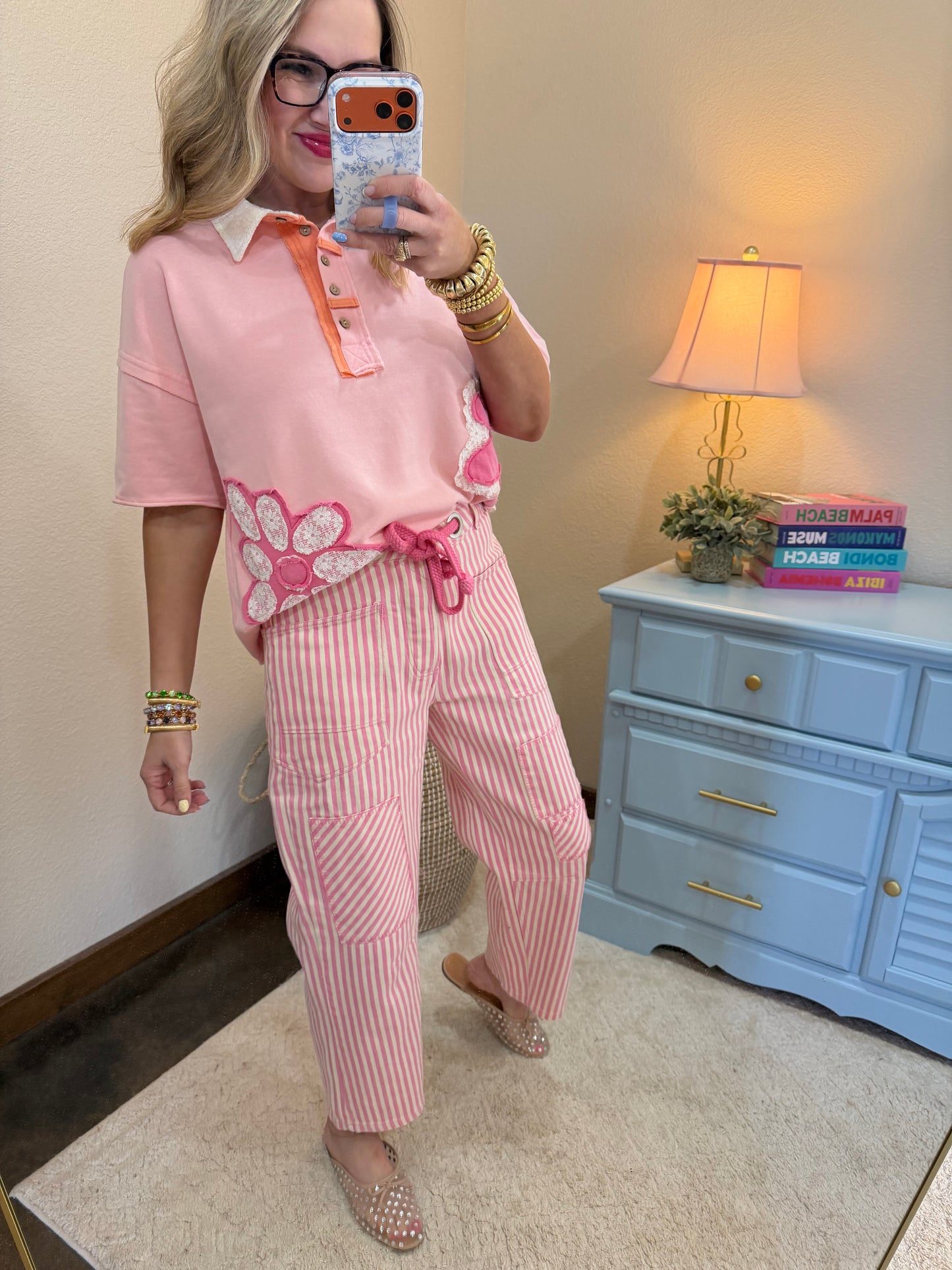 Pink & White Braided Drawstring Waist Stripe Barrel Pants