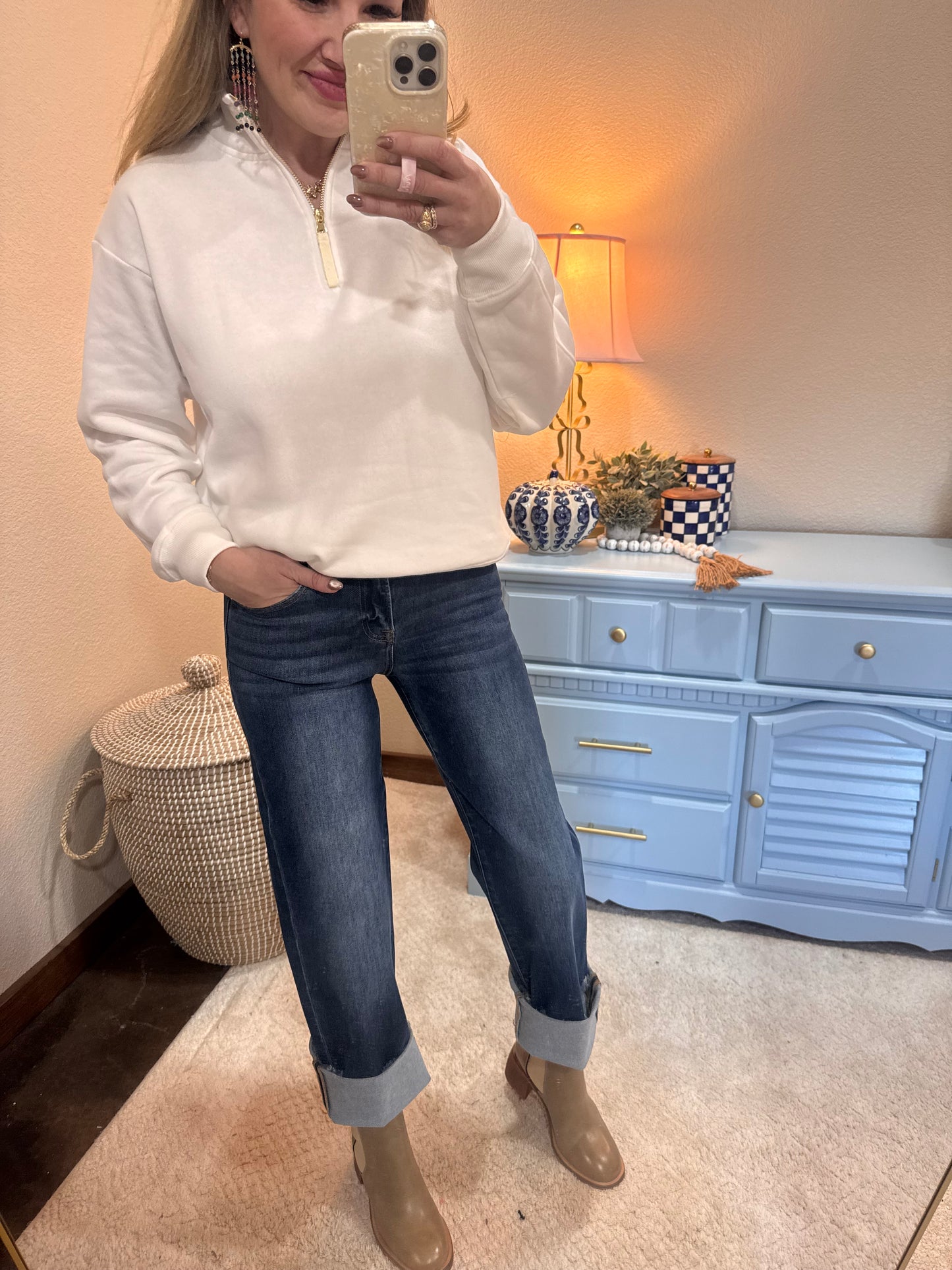 Off White Fleece Half Zip Sweatshirt