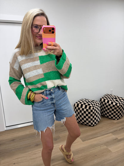 Green Lightweight Blend Color Block Sweater