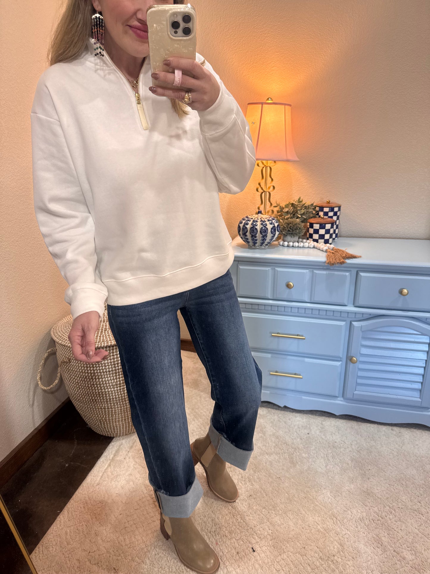 Off White Fleece Half Zip Sweatshirt