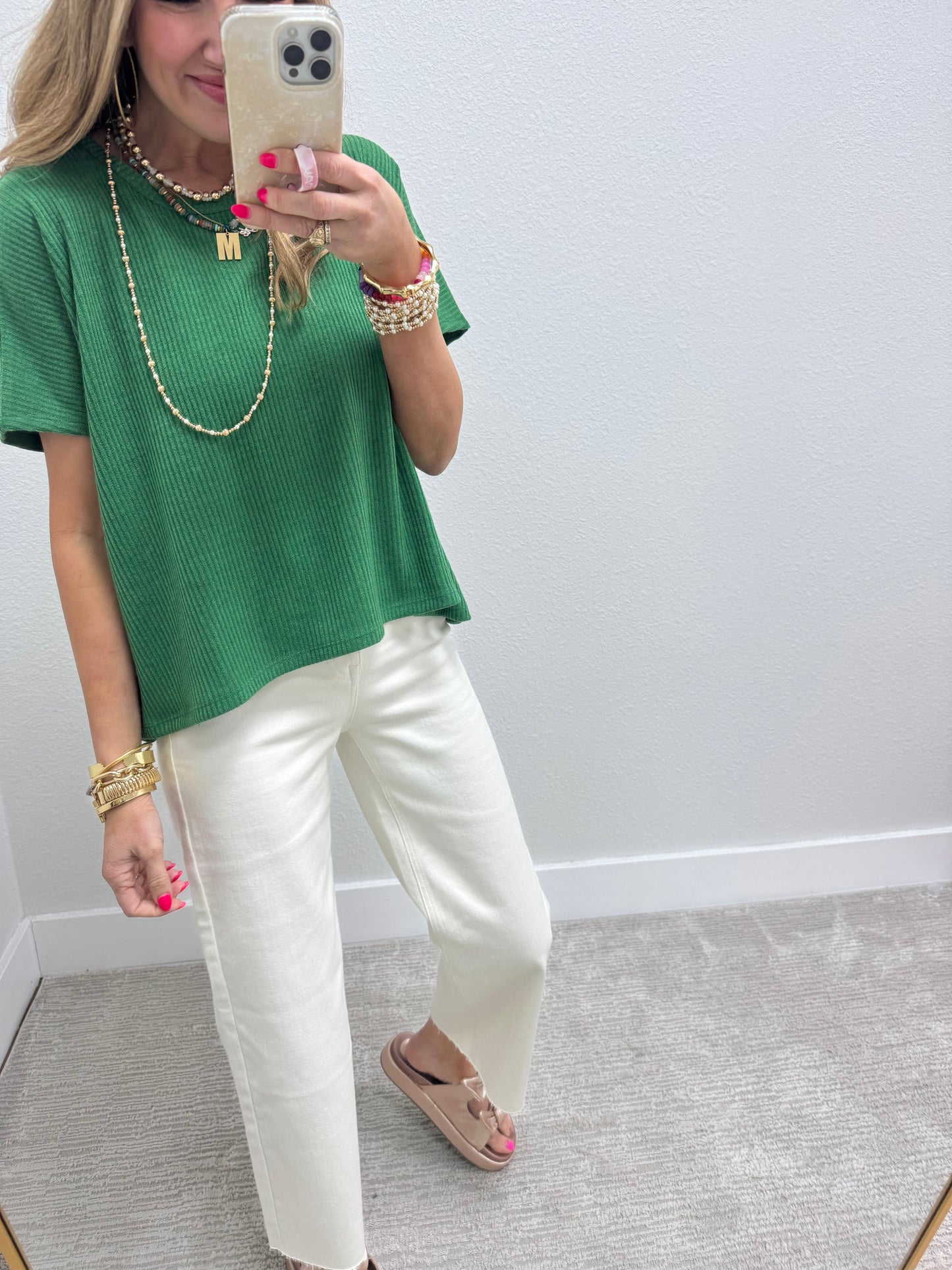 Green High Low Short Sleeve Knit Top