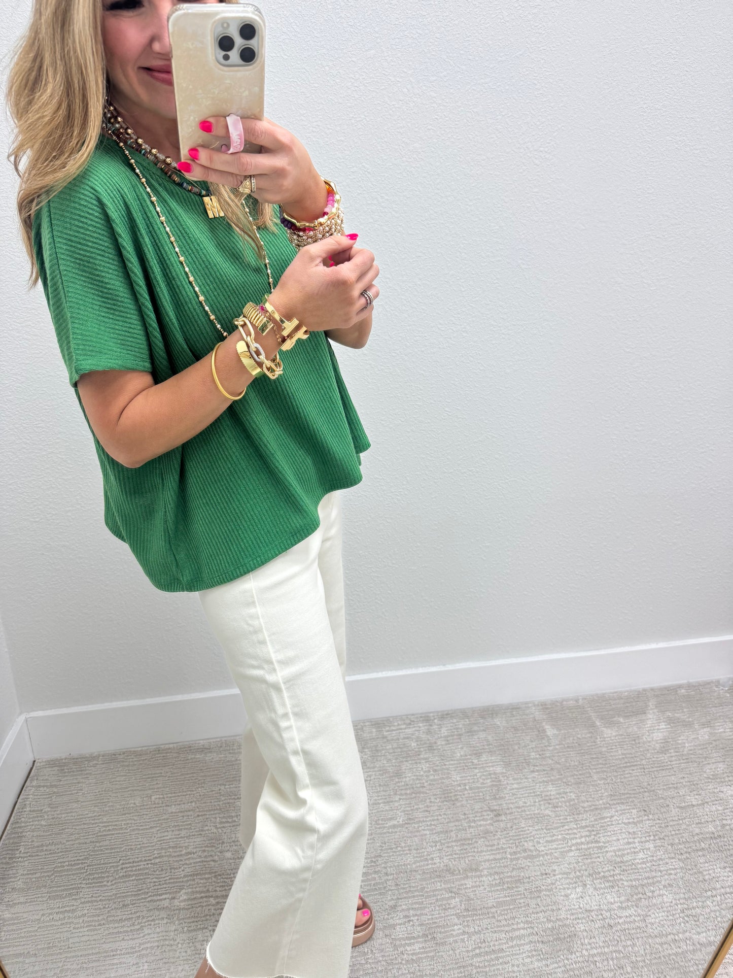 Green High Low Short Sleeve Knit Top