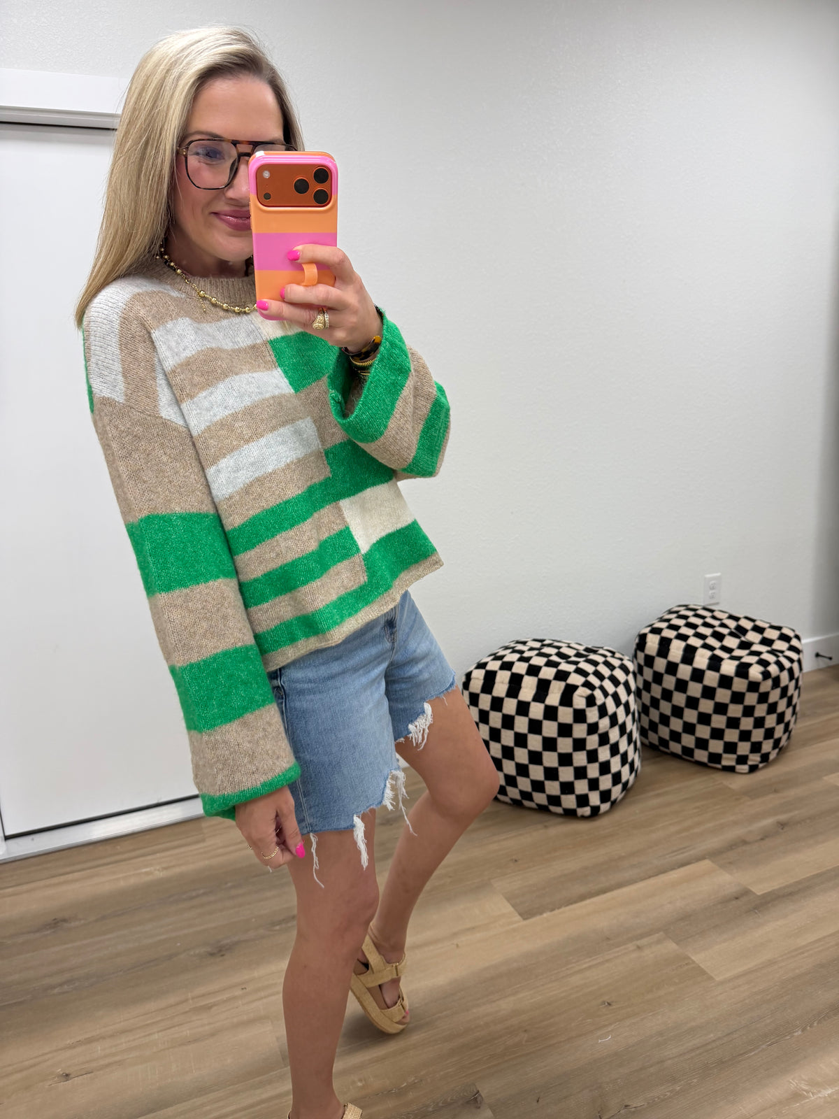Green Lightweight Blend Color Block Sweater