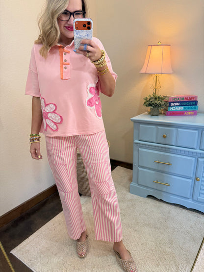 Pink & White Braided Drawstring Waist Stripe Barrel Pants