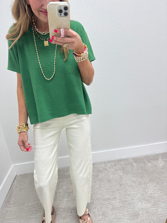 Green High Low Short Sleeve Knit Top