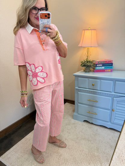 Pink & White Braided Drawstring Waist Stripe Barrel Pants