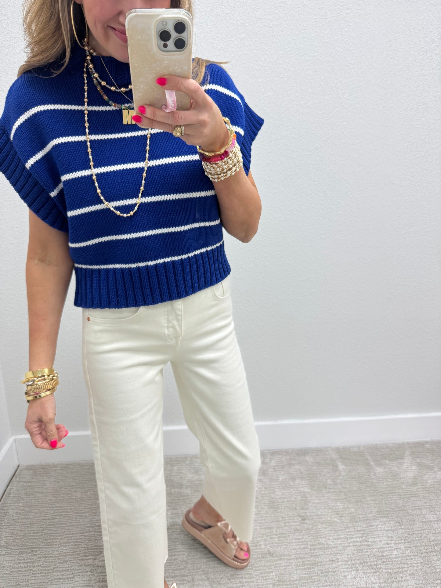 Blue and White Striped Mock Neck Sweater Top