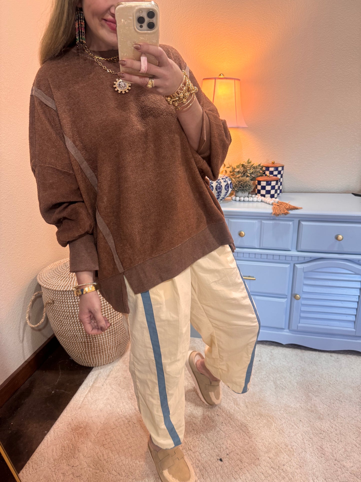 Brown Fleece Split Hem Pullover