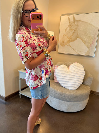 Multi Print Short Sleeve Detailed Button Top