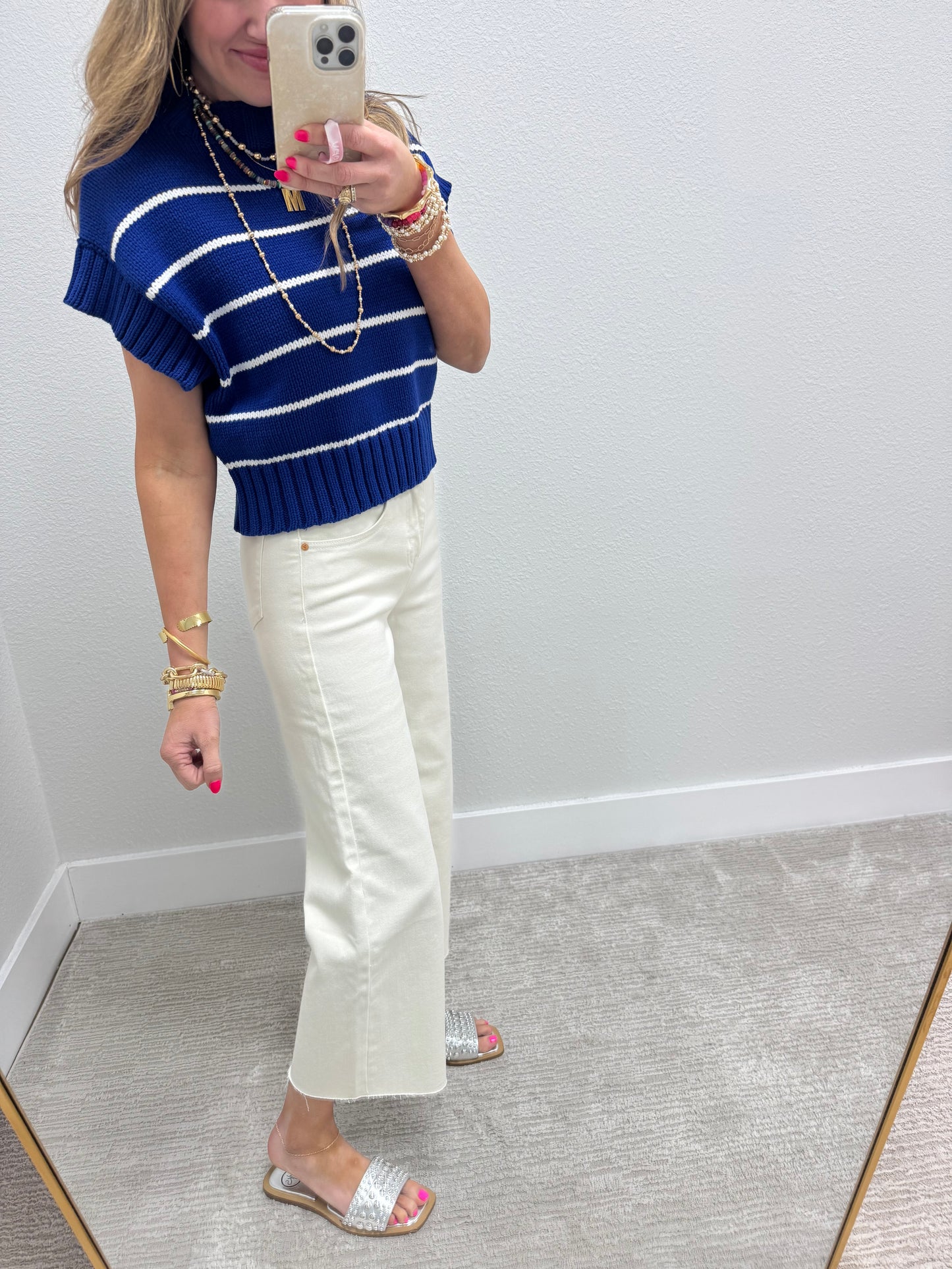 Blue and White Striped Mock Neck Sweater Top