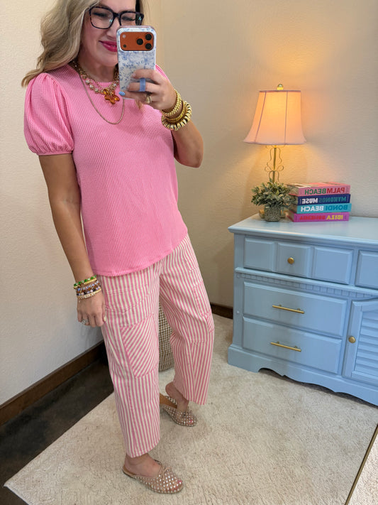 Pink Ribbed Puff Sleeve Top