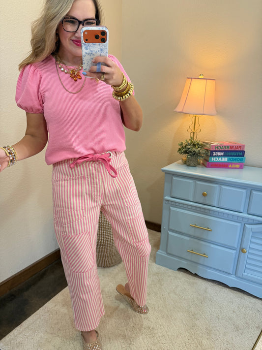 Pink & White Braided Drawstring Waist Stripe Barrel Pants
