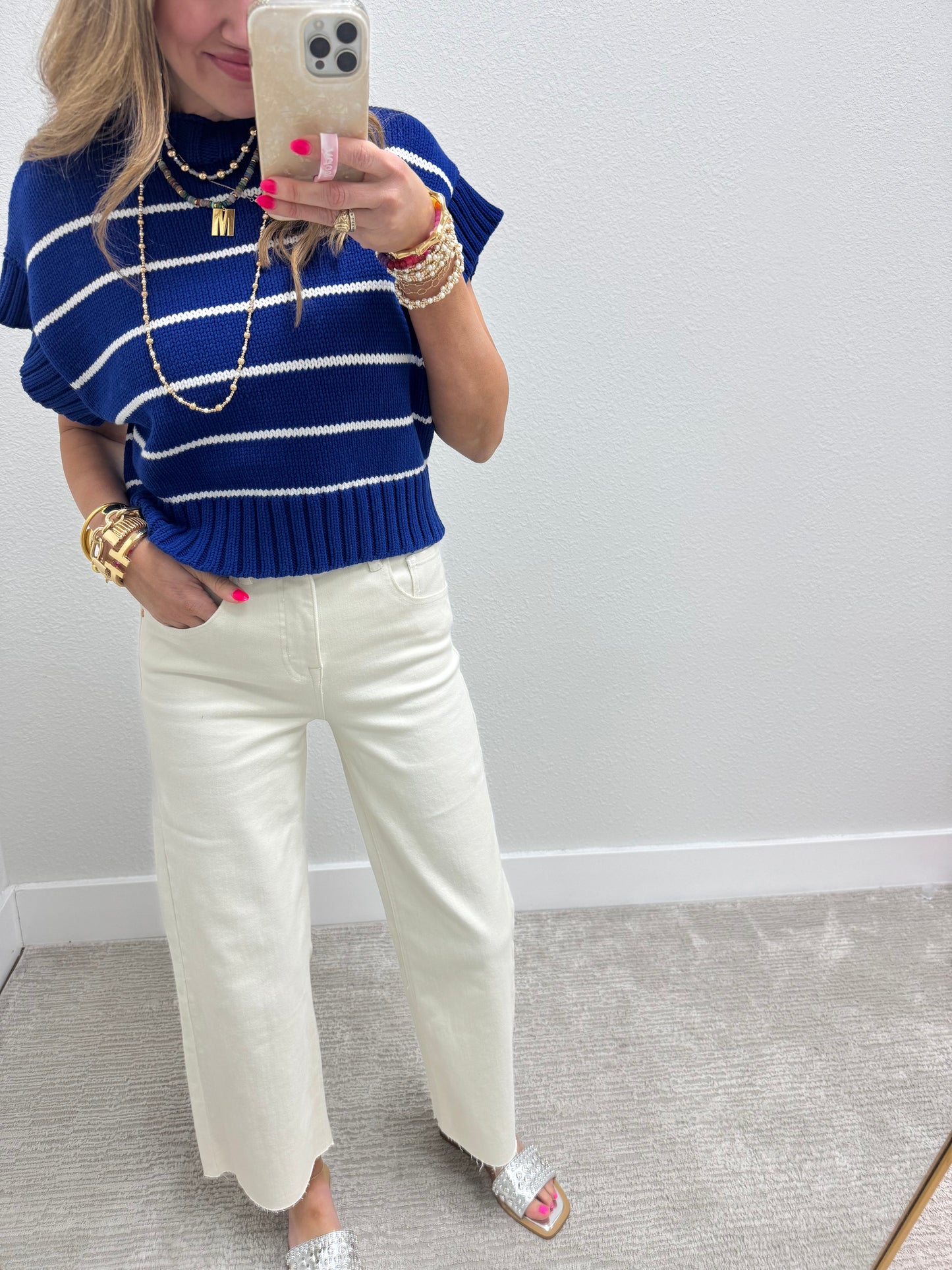 Blue and White Striped Mock Neck Sweater Top