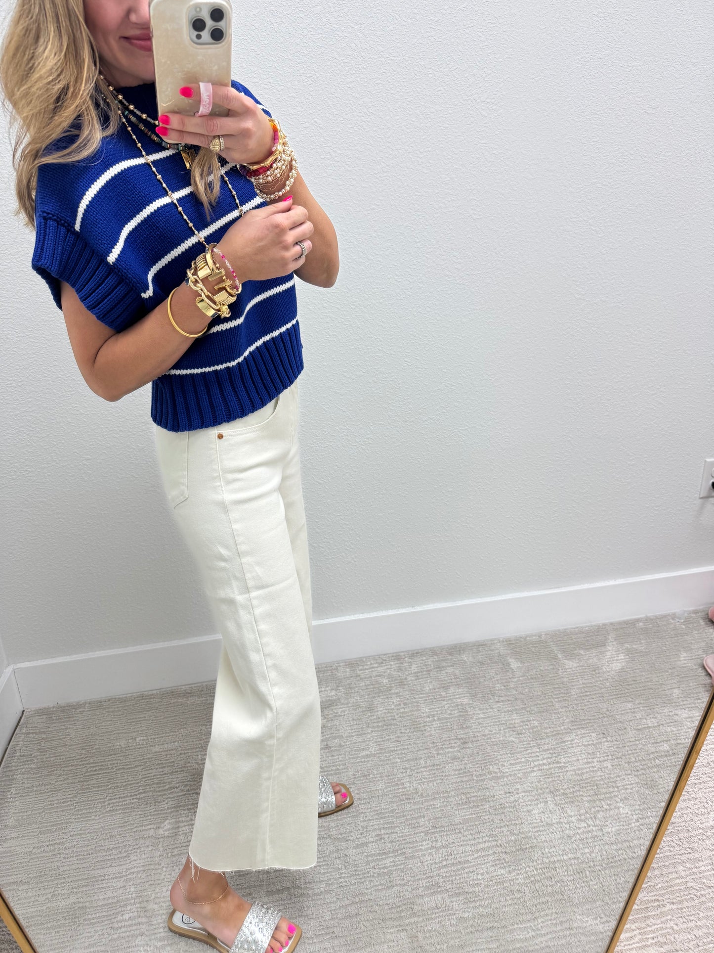 Blue and White Striped Mock Neck Sweater Top