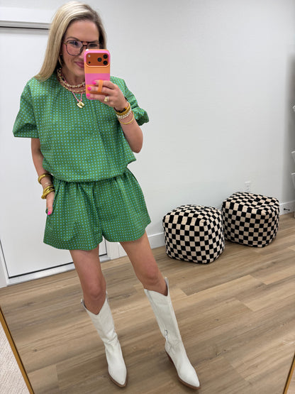 Green Polka Dot Crop Bubble Two Piece Set