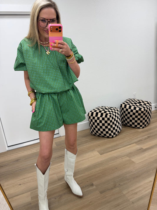 Green Polka Dot Crop Bubble Two Piece Set