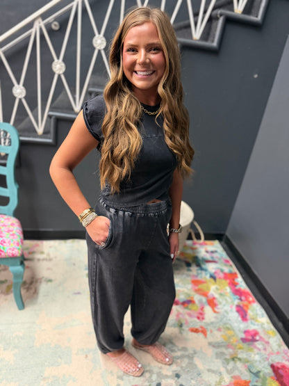 Black Rolled Sleeve Two Piece Jogger Set
