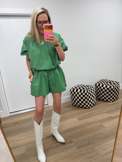 Green Polka Dot Crop Bubble Two Piece Set