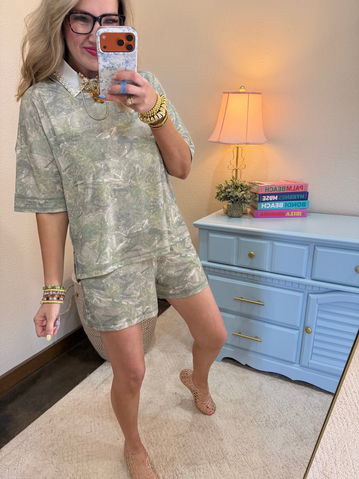 Camo Print Casual Knit Top & Shorts Set