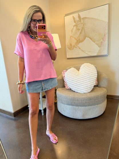 Candy Pink Double Gauze V-Neck Short Sleeve Top