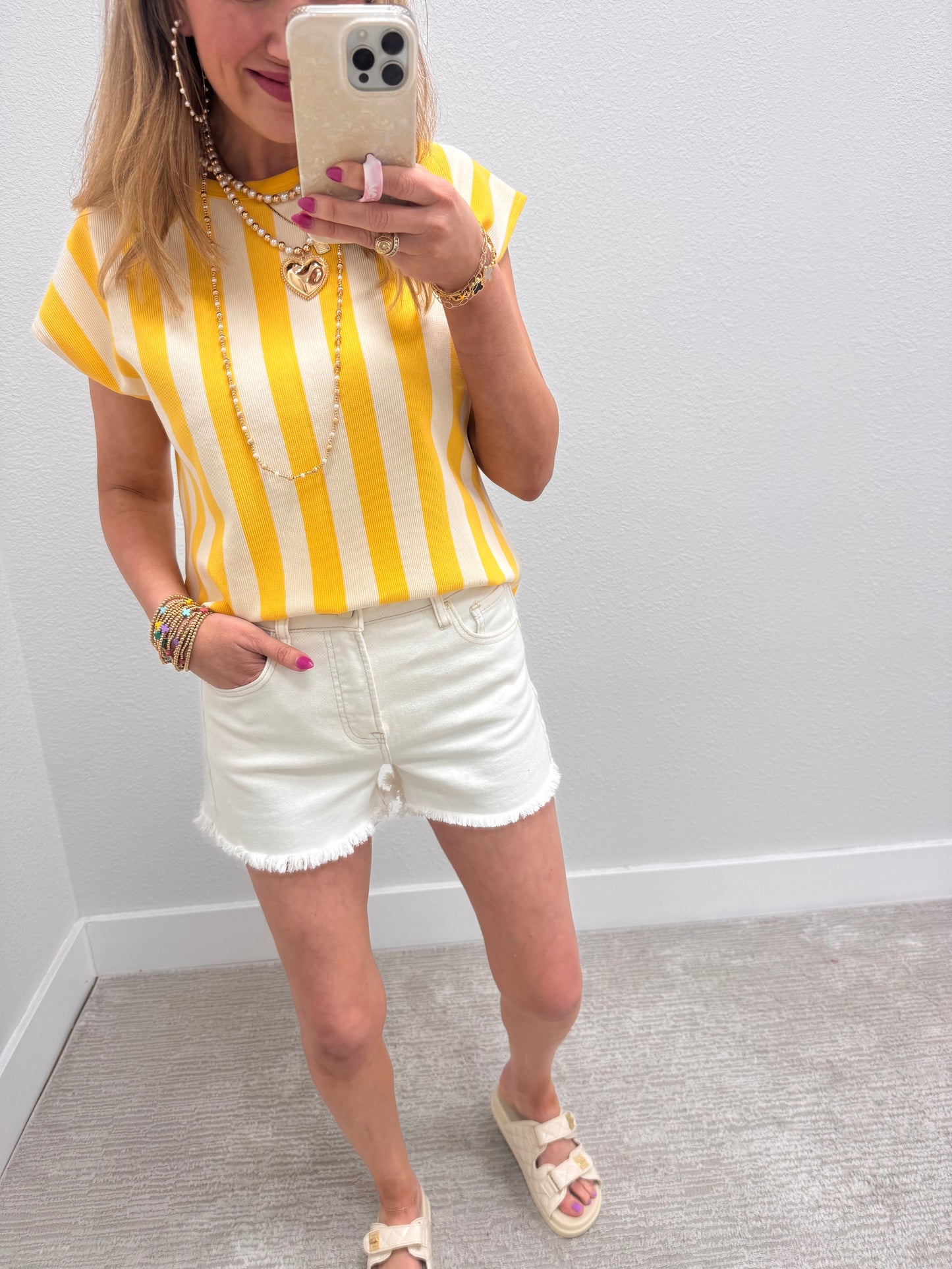 Yellow and Cream Striped Sleeveless Top