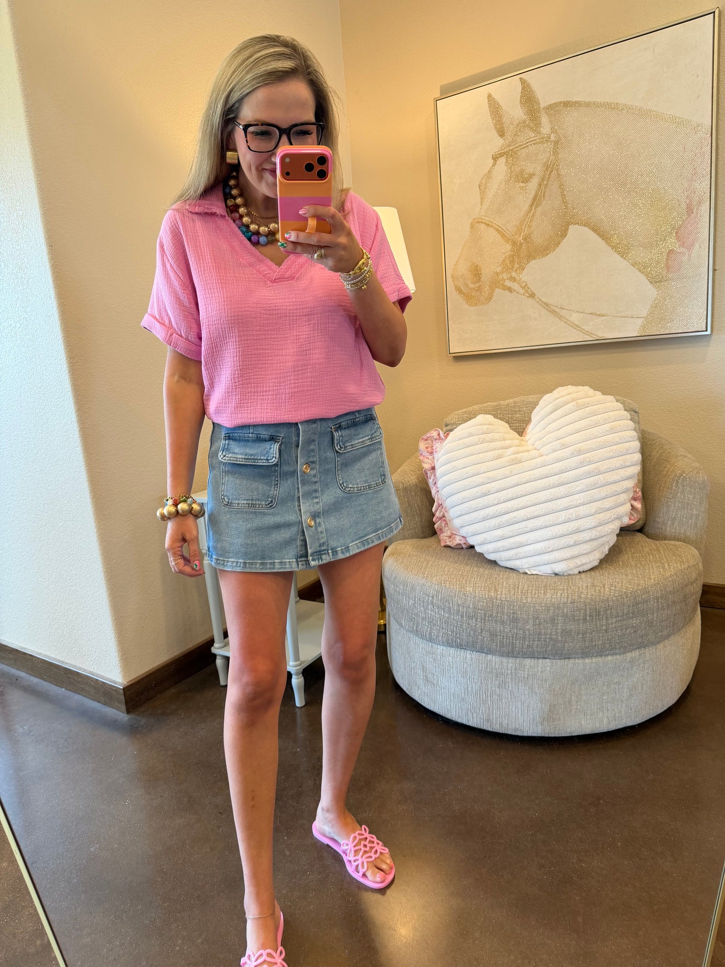 Candy Pink Double Gauze V-Neck Short Sleeve Top