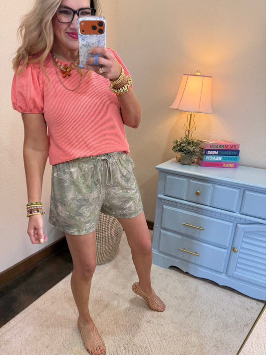 Coral Ribbed Puff Sleeve Top