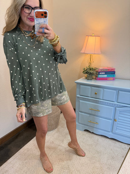 Deep Sage Polkadot Printed Long Sleeve Tee with Tie Cuffs