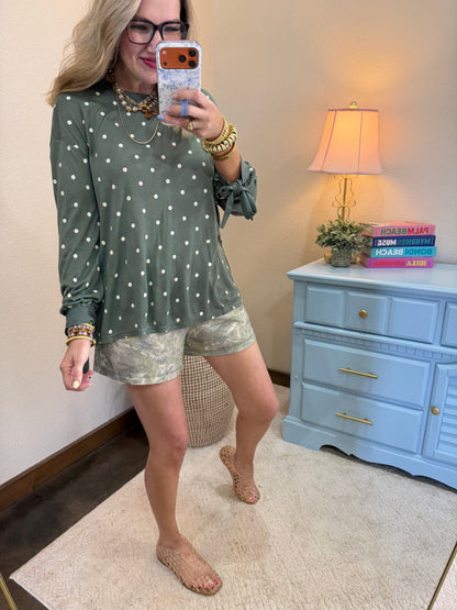 Deep Sage Polkadot Printed Long Sleeve Tee with Tie Cuffs