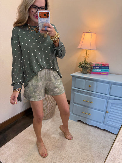 Deep Sage Polkadot Printed Long Sleeve Tee with Tie Cuffs