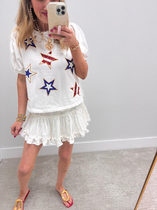 White Sequin Star Puff Sleeve Top FS