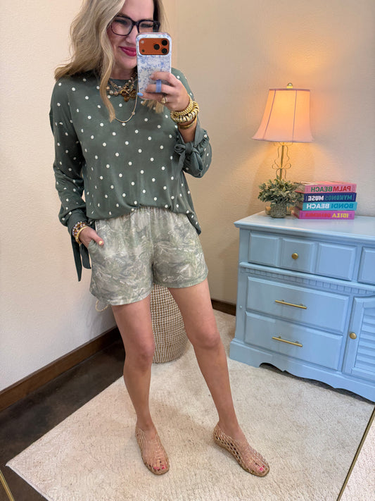 Deep Sage Polkadot Printed Long Sleeve Tee with Tie Cuffs