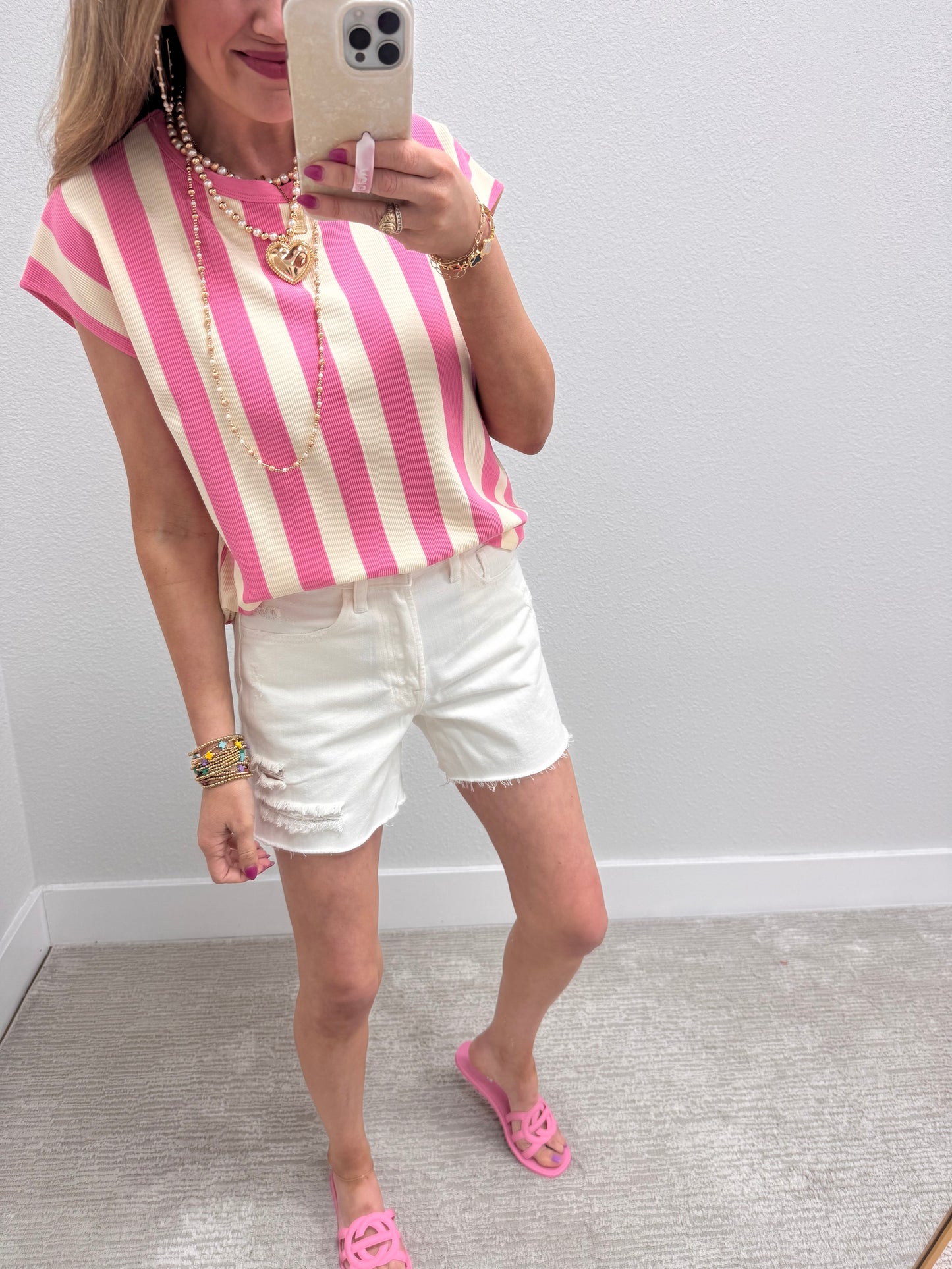 Pink and Cream Striped Sleeveless Top