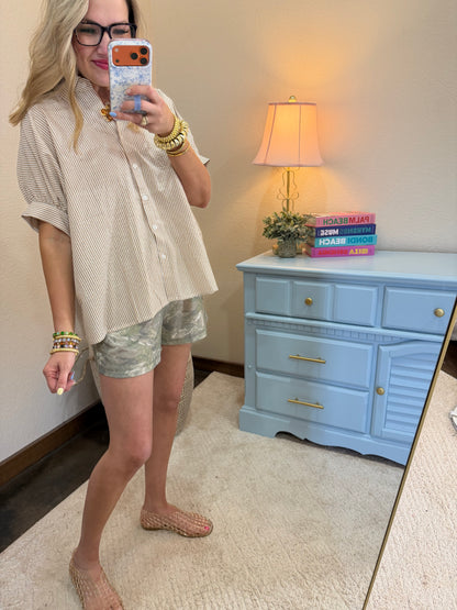Taupe Striped Short Sleeve Button-front Blouse