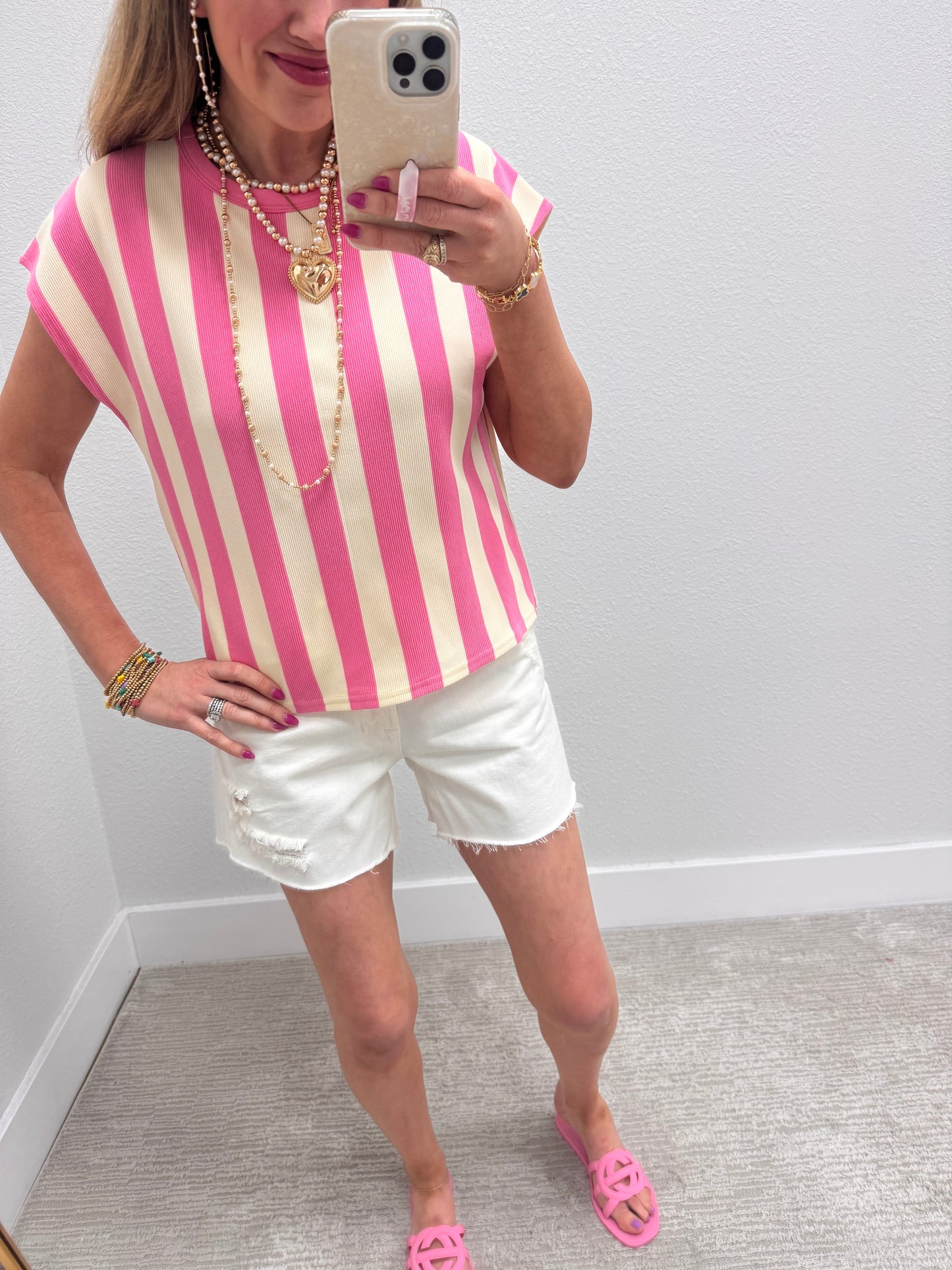 Pink and Cream Striped Sleeveless Top