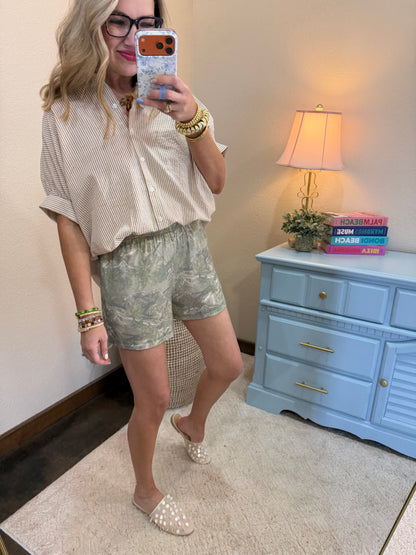 Taupe Striped Short Sleeve Button-front Blouse